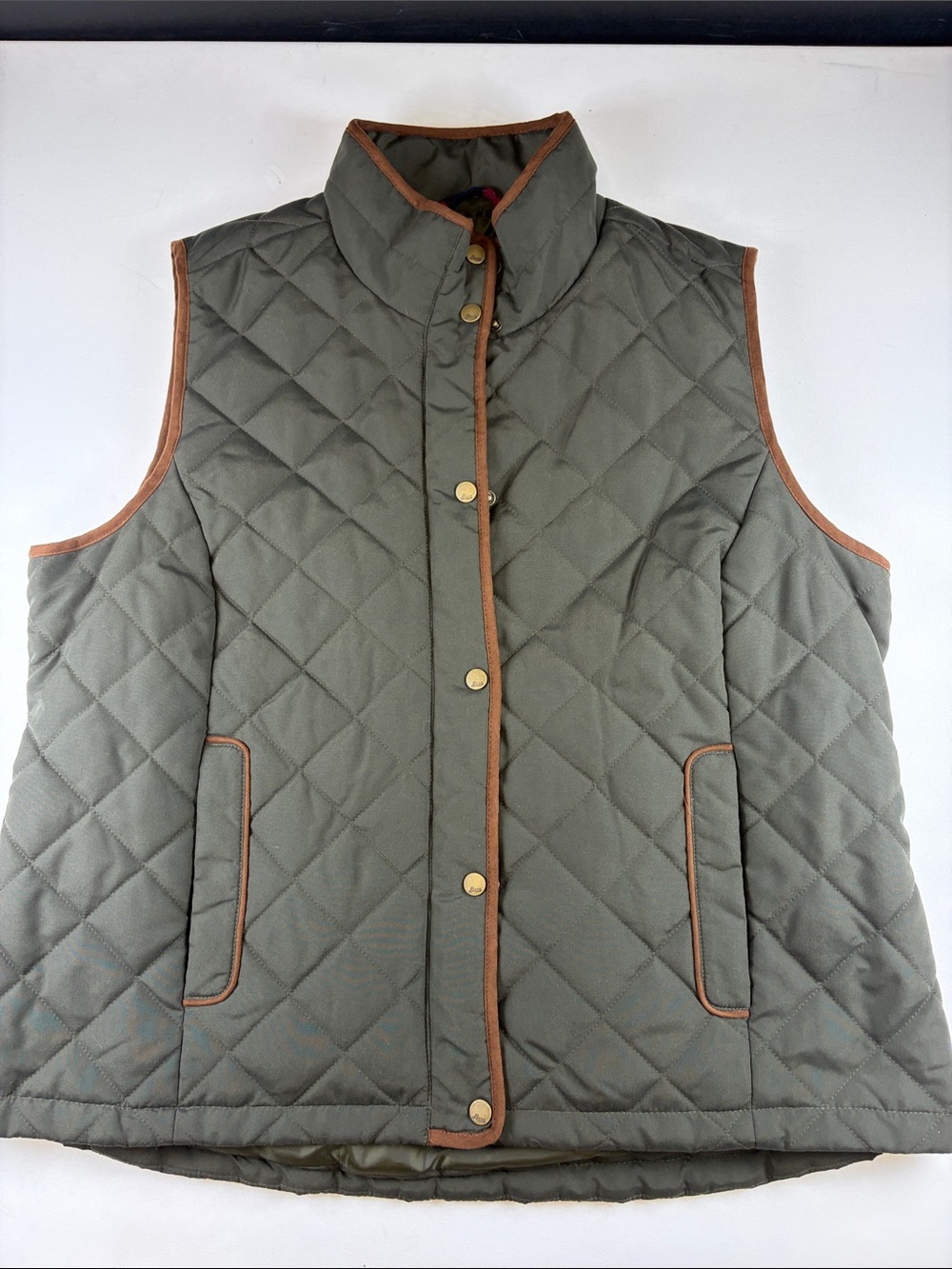 G. H. BASS WOMENS OLIVE GREEN DIAMOND QUILTED VEST BROWN TRIM SIZE XL